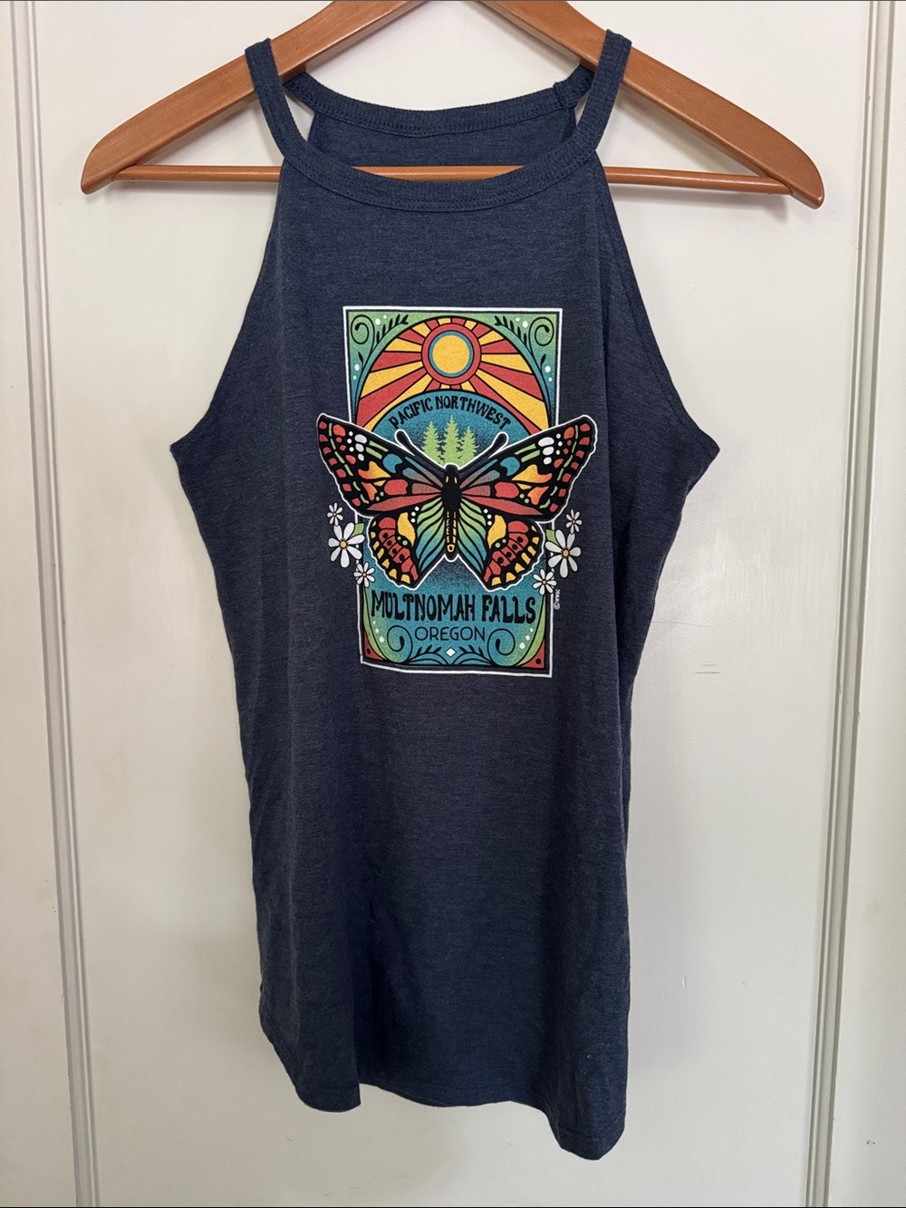 Graphic Butterfly Tank Top - Multnomah Falls Oregon - Navy